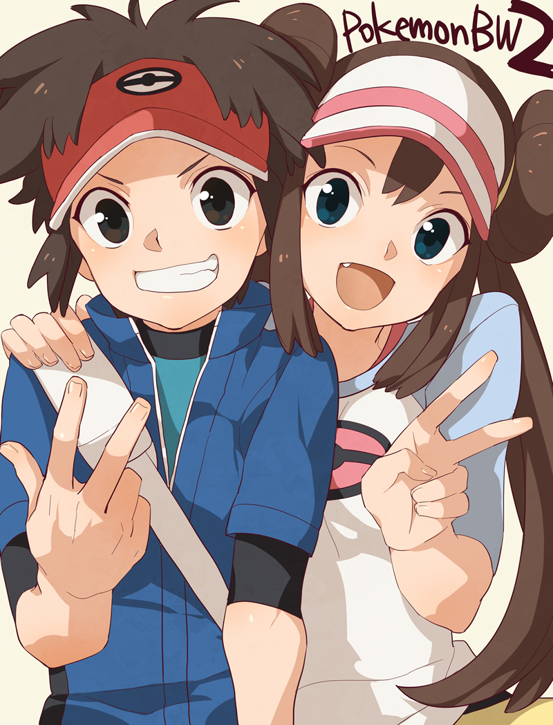 blue_eyes, brown_eyes, brown_hair, double_bun, female_protagonist_(pokemon_bw2), grin, hand_on_shoulder, jacket