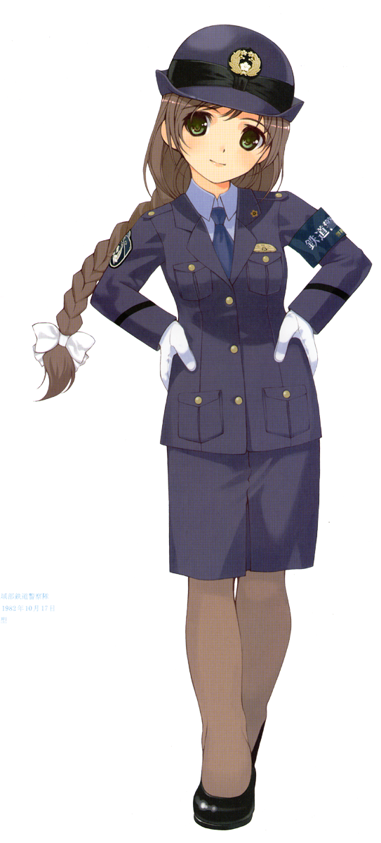 armband, artist_request, braid, brown_hair, female, full_body, gloves, green_eyes, hands_on_hips, hat, highres, mibu_natsuki, necktie, pantyhose, police, police_uniform, policewoman, railway_police, skirt, solo, tetsudou_musume, type6, uniform