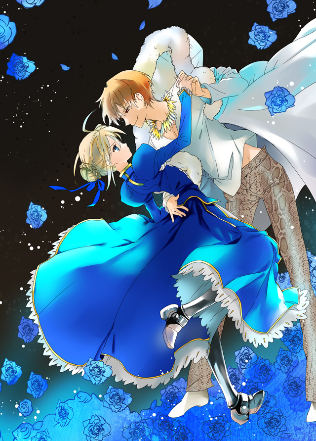 1girl, ahoge, blonde_hair, blue_rose, coat, dancing, dress, fate/zero