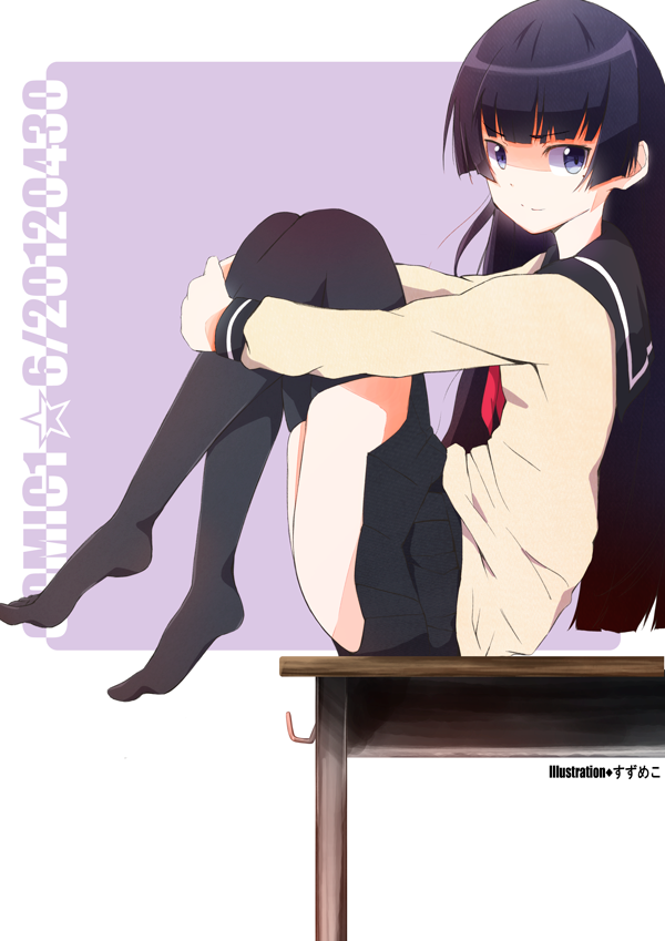 bangs, black_hair, black_legwear, blue_eyes, blunt_bangs, dated, desk, feet