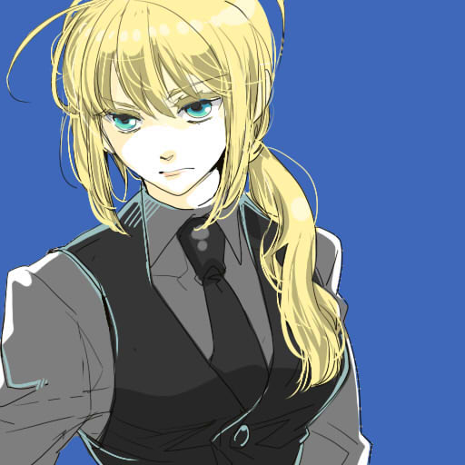 ahoge, aqua_eyes, arimaty, blonde_hair, blue_background, face, fate/zero, fate_(series)