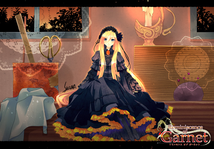 black_dress, blonde_hair, child-box, dress, gothic_lolita, headdress, lily_(vocaloid), lolita_fashion