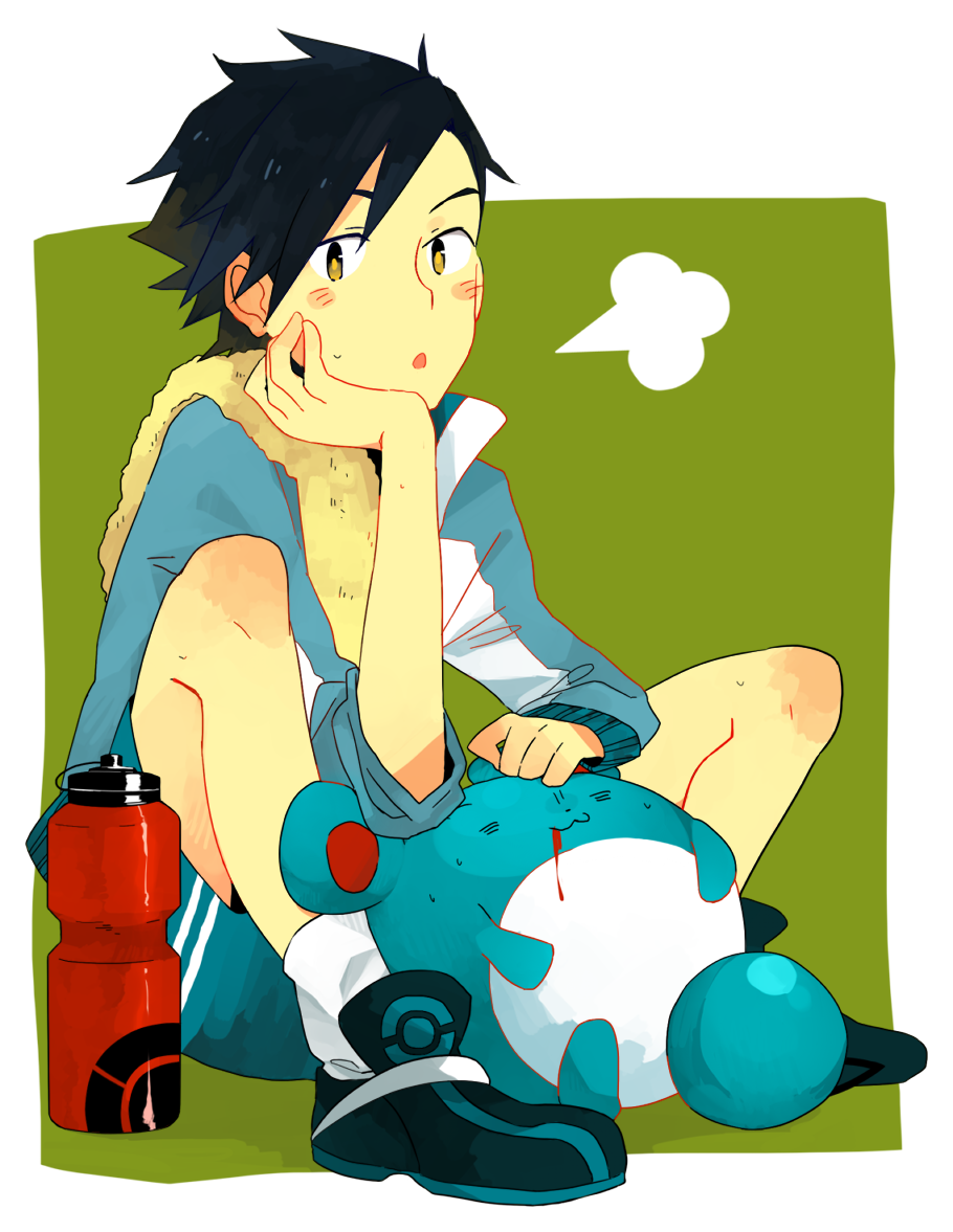 1boy, alternate_costume, bad_id, black_hair, bleeding, blood, bottle, gold_(pokemon)