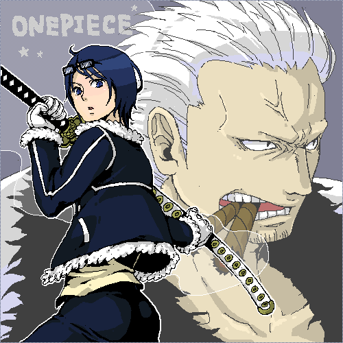 1girl, ass, black_eyes, blue_eyes, blue_hair, cigar, cigars, couple, glasses, gloves, grey_hair, jacket, koushi51, lowres, one_piece, short_hair, smoker, smoking, sword, tashigi, title_drop, weapon