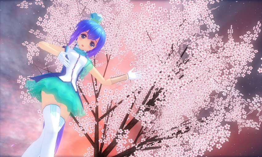 3d, aoki_lapis, blue_eyes, blue_hair, blush, cherry_blossoms, diamond, gloves, headset, highres, mikotosiara0, mikumikudance, open_mouth, scarf, skirt, solo, thigh-highs, thighhighs, tourmaline, vocaloid, white_gloves, white_legwear