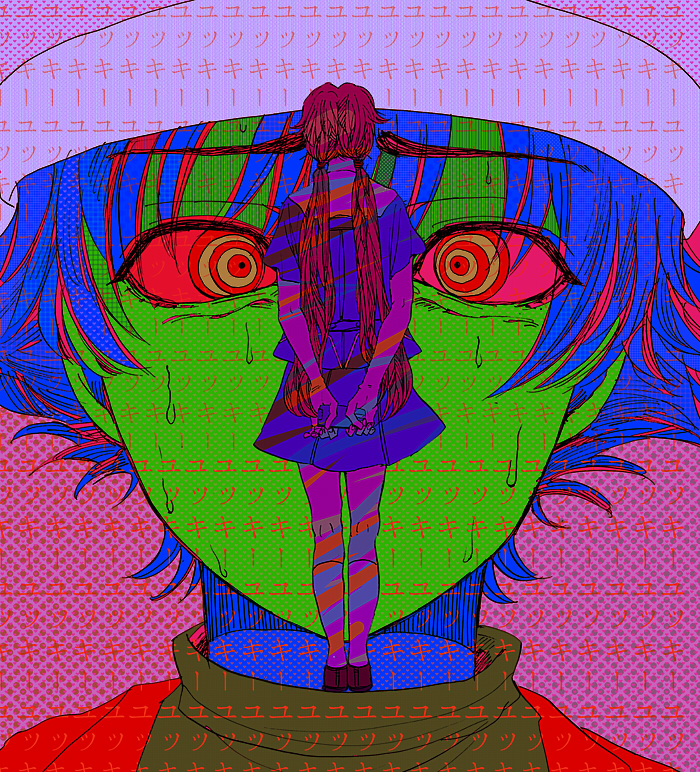 1girl, @_@, amano_yukiteru, arms_behind_back, background_text, cellphone, colorful, face