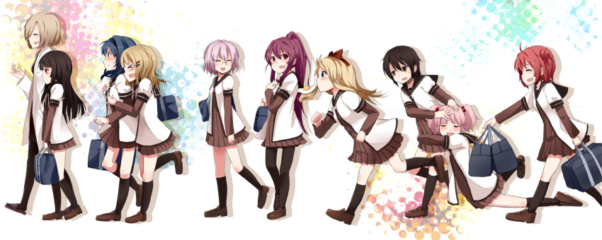 :d, ^_^, age_difference, ahoge, akaza_akari, bag, black_hair, black_legwear, blonde_hair, blue_eyes, blue_hair, blush, bow, braid, breast_grab, breasts, brown_eyes, carrying, closed_eyes, double_bun, eyes_closed, food, food_in_mouth, fried_egg, funami_yui, furutani_himawari, glasses, hair_bobbles, hair_bow, hair_bun, hair_ornament, hairband, hairclip, handbag, highres, hime_cut, hug, hug_from_behind, ikeda_chitose, labcoat, long_hair, long_image, looking_back, matsumoto_rise, mouth_hold, multiple_girls, nishigaki_nana, oomuro_sakurako, open_mouth, pantyhose, pink_hair, ponytail, purple_hair, red_eyes, red_hair, redhead, running, school_uniform, serafuku, shoes, short_hair, sideways_mouth, silver_hair, size_difference, smile, sugiura_ayano, tears, toast, toshinou_kyouko, trope, twin_braids, twintails, wakuwakusan, wide_image, yoshikawa_chinatsu, yuru_yuri