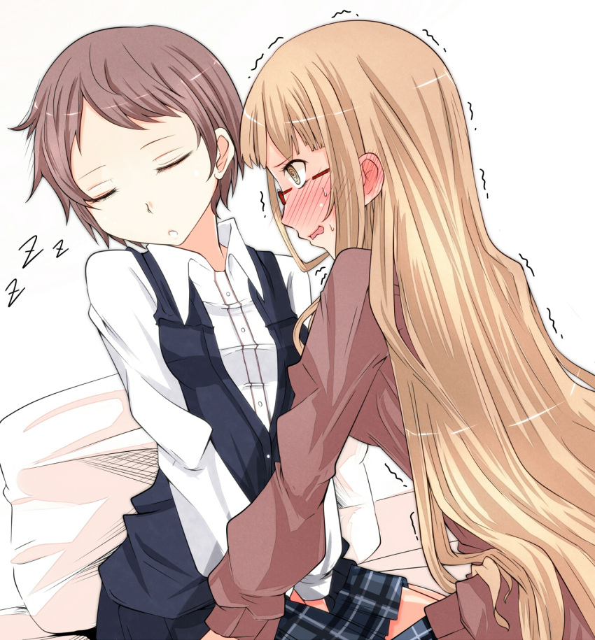 al_bhed_eyes, ano_fuji, aoshima, blush, brown_eyes, brown_hair, character_request, closed_eyes, dress_shirt, ear_blush, eyes_closed, glasses, highres, long_hair, miyama_nena, multiple_girls, okujou_no_yurirei-san, pillarboxed, plaid, plaid_skirt, red-framed_glasses, shirt, short_hair, skirt, sleepy, sweatdrop, trembling, yuri