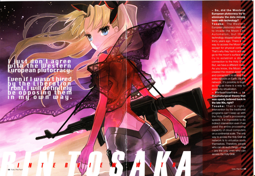 ak_47, ass, blonde_hair, blue_eyes, bow, butt_crack, city, fate/extra, fate/the_fact, fate_(series), fate_series, fingerless_gloves, gloves, gun, highres, scan, scenery, tight_pants, tohsaka_rin, toosaka_rin, twintails, wada_aruko, weapon