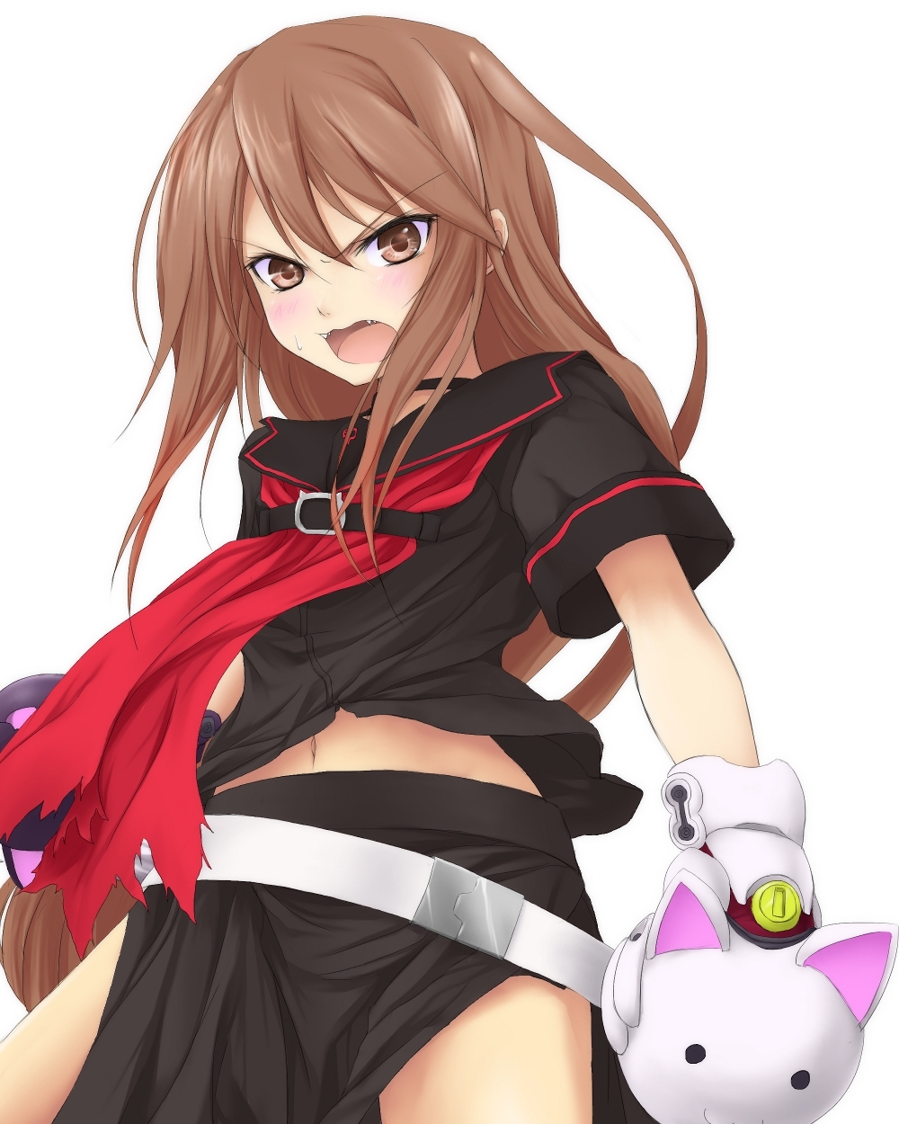 belt, blush, brown_eyes, brown_hair, fang, flat_chest, highres, long_hair