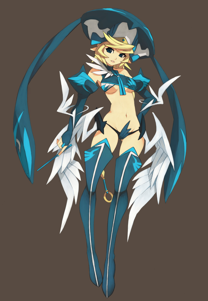 absurdres, bare_shoulders, blonde_hair, blue_eyes, boots, breasts, detached_sleeves, hat