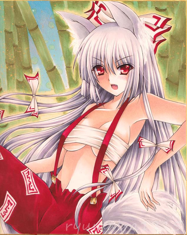 bare_shoulders, blush, bow, breasts, cleavage, erect_nipples, fang, fujiwara_no_mokou