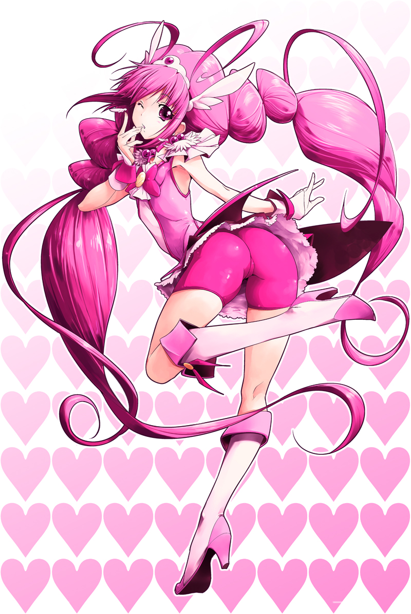 1girl, ass, bike_shorts, boots, cure_happy, from_behind, gloves, hamuhamu