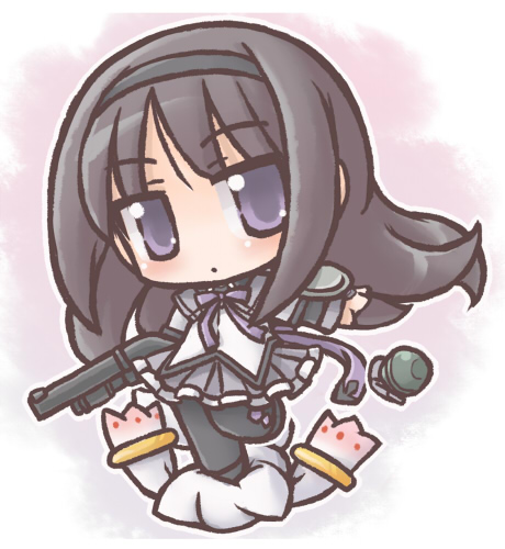 akemi_homura, black_hair, chibi, explosive, grenade, gun, hairband, holding