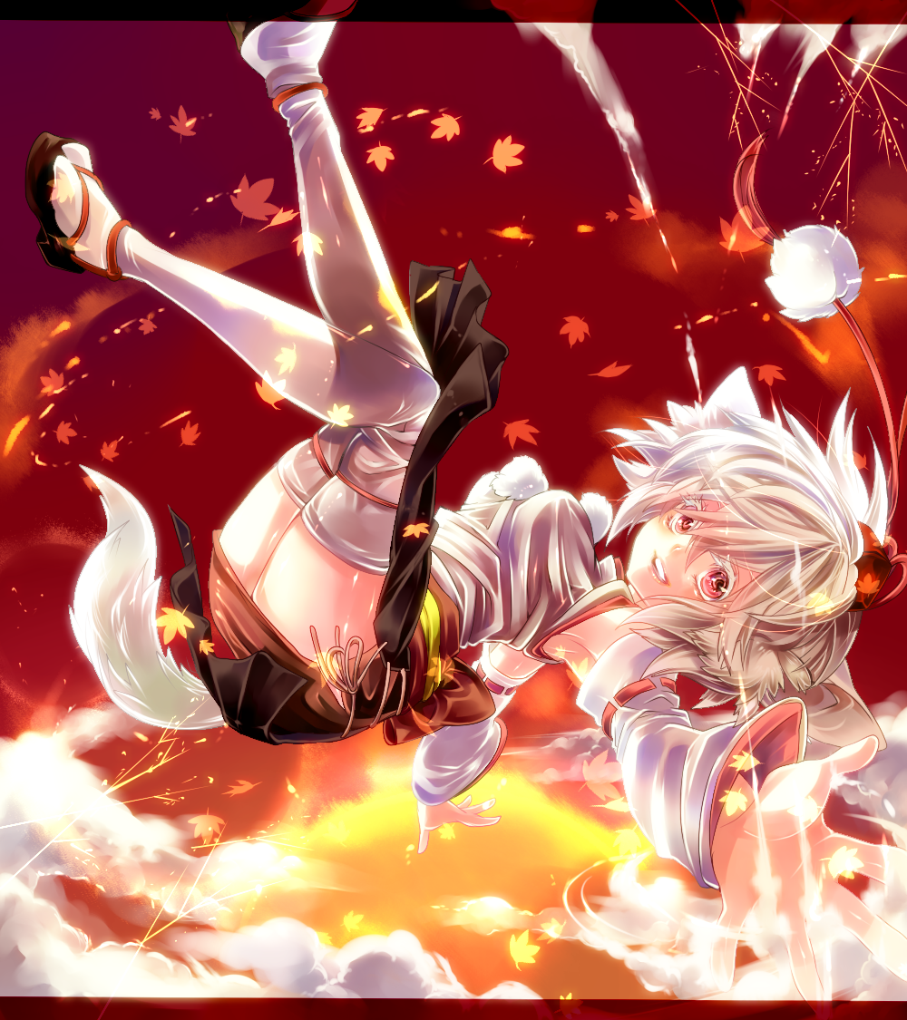 animal_ears, armpits, breasts, cloud, clouds, detached_sleeves, flying, hat, inubashiri_momiji, leaf, maple_leaf, open_mouth, pom_pom_(clothes), rathke, red_eyes, sandals, short_hair, solo, tail, thigh-highs, thighhighs, tokin_hat, touhou, white_hair, white_legwear, wolf_ears, wolf_tail