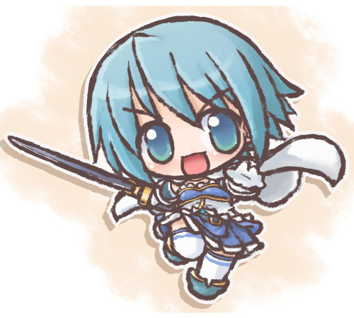:d, belt, blue_eyes, blue_hair, cape, chibi, gloves, holding