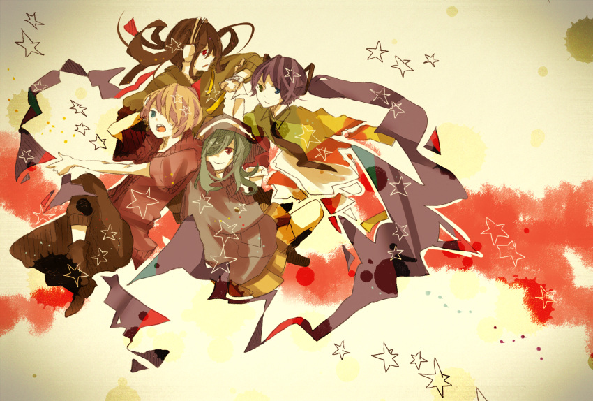 black_hair, blue_eyes, brown_hair, character_request, green_hair, hatsune_miku, headphone_actor_(vocaloid), headphones