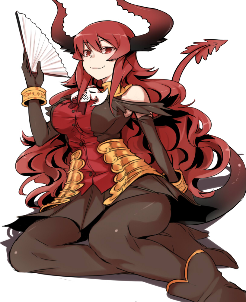 bracelet, breasts, demon_girl, demon_tail, elbow_gloves, fan, folding_fan, gloves
