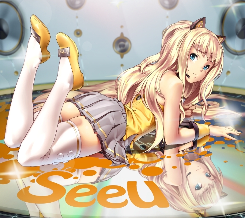 animal_ears, bare_shoulders, blonde_hair, blue_eyes, headset, legs, long_hair, looking_at_viewer, looking_back, lying, mirror_image, on_stomach, popobobo, reflective_floor, seeu, shoes, skirt, smile, solo, thigh-highs, thighhighs, vocaloid, vocaloid3, white_legwear, wrist_cuffs, zettai_ryouiki