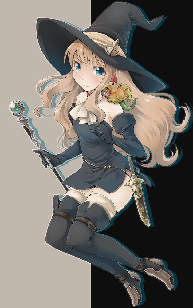 ascot, bare_shoulders, bird, bird_on_shoulder, black_dress, black_gloves, black_legwear, blonde_hair