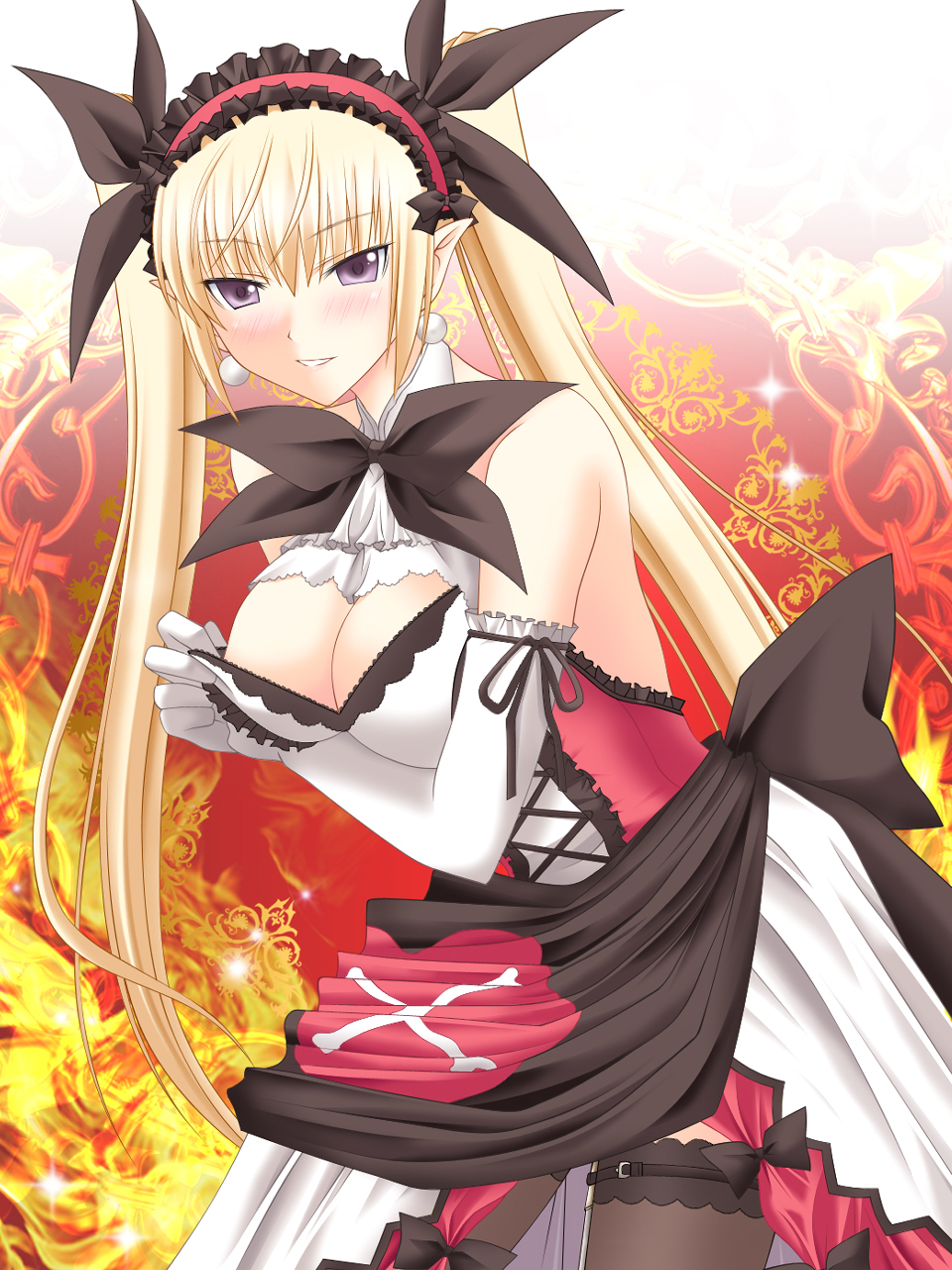 adjusting_clothes, blonde_hair, breasts, cleavage, highres, mekeke, mistral_(shining_hearts), purple_eyes