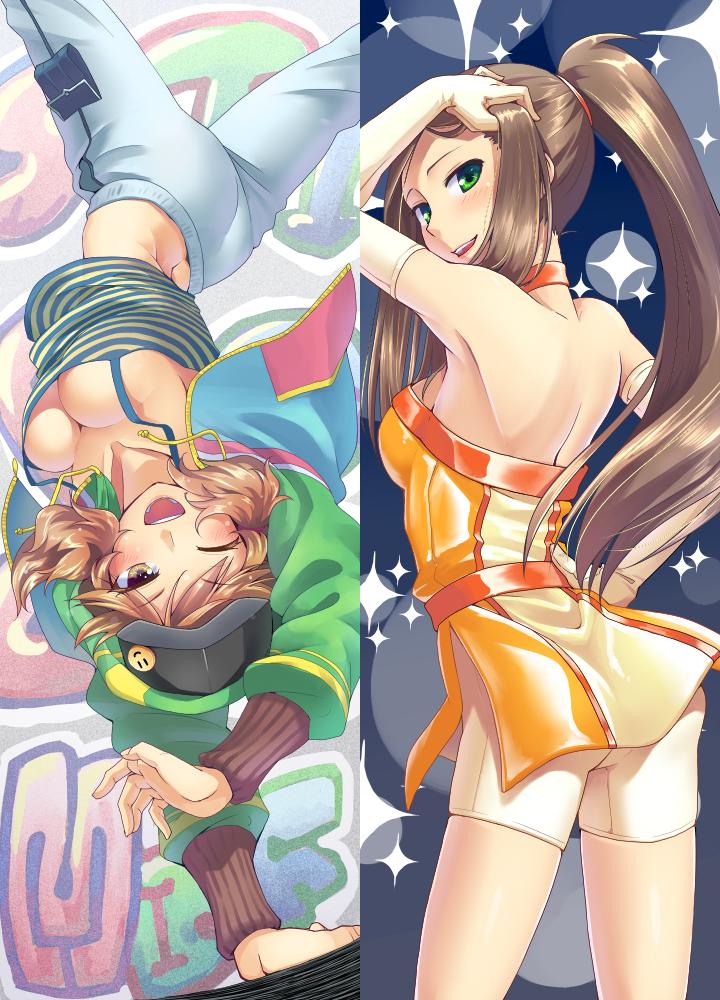 ;d, arm_up, back, badge, bare_shoulders, blush, breakdance, breasts, brown_eyes, brown_hair, button_badge, choker, cleavage, collarbone, elbow_gloves, from_behind, gloves, graffiti, green_eyes, hair_tucking, handstand, hat, hoodie, idolmaster, idolmaster_cinderella_girls, komatsu_ibuki, long_hair, looking_back, maru_(sara_duke), matsuyama_kumiko, multiple_girls, open_mouth, ponytail, shirt, smile, smiley_face, sparkle, striped, striped_shirt, twintails, upside-down, wink