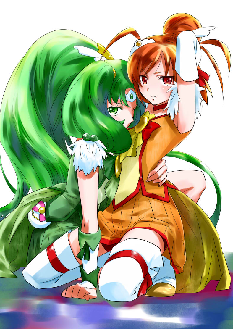 choker, cure_march, cure_sunny, gloves, green_eyes, green_hair, hand_on_another's_waist, hino_akane