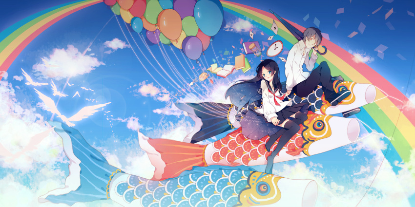 1girl, balloon, bird, black_hair, book, card, clock, hand_holding