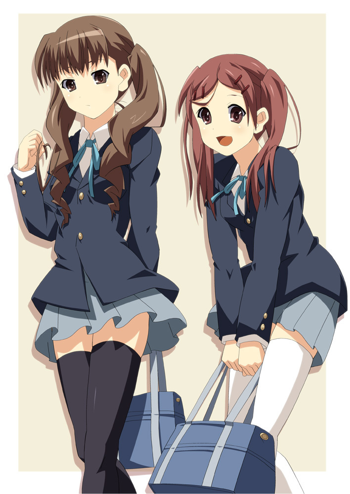 :d, bag, black_legwear, brown_eyes, brown_hair, extra, hair_ornament, hair_twirling