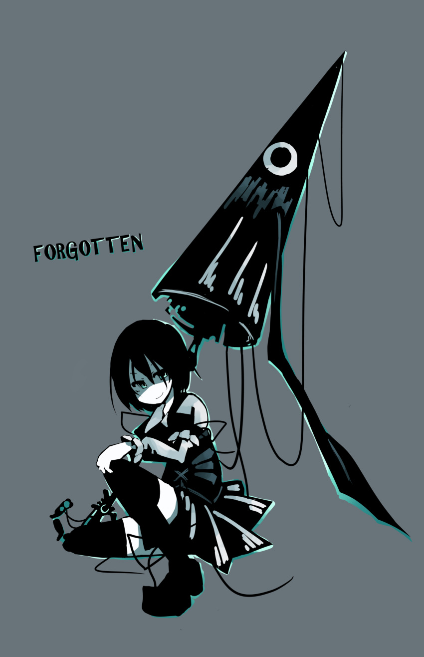 blue_eyes, boots, clair_(v0yance), clair_805, highres, karakasa_obake, kneeling, monochrome