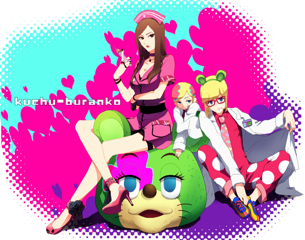 animal_ears, bad_id, blonde_hair, blue_eyes, brown_hair, crossed_legs, dual_persona, glasses, grin, irabu_ichirou, kuuchuu_buranko, labcoat, masano, mayumi_(trapeze), multicolored_hair, necktie, nurse, sitting, smile, syringe