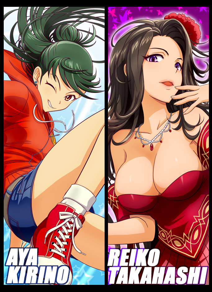 breasts, brown_hair, cleavage, green_hair, grin, hair_ornament, hoodie, idolmaster