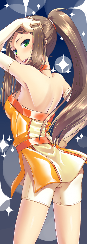 arm_up, armpits, back, bare_shoulders, blush, breasts, brown_hair, choker