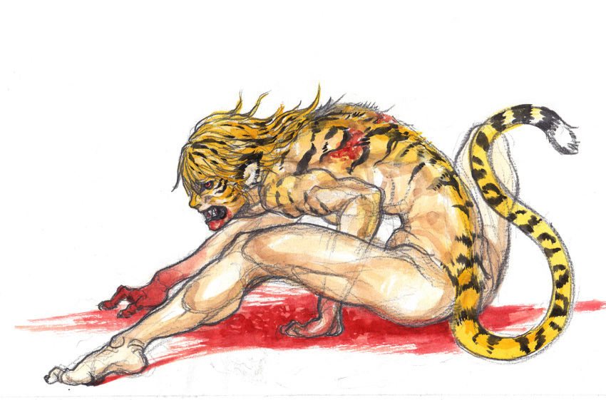 barefoot, blood, clenched_teeth, kobushi, nude, pose, solo, tail, tiger, toramaru_shou, toramaru_shou_(tiger), touhou, traditional_media, transformation, watercolor_(medium)