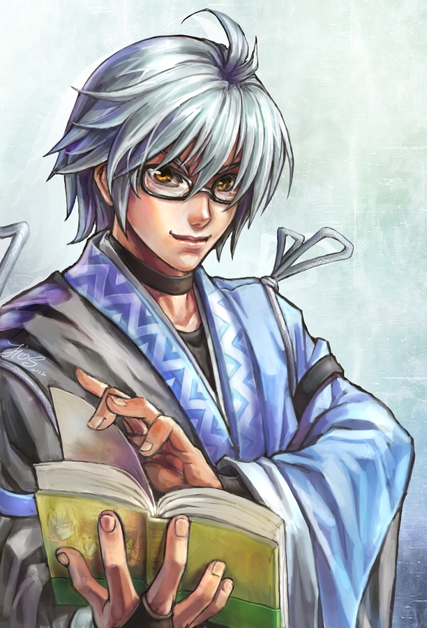 book, fingerless_gloves, glasses, gloves, japanese_clothes, jios, male, morichika_rinnosuke