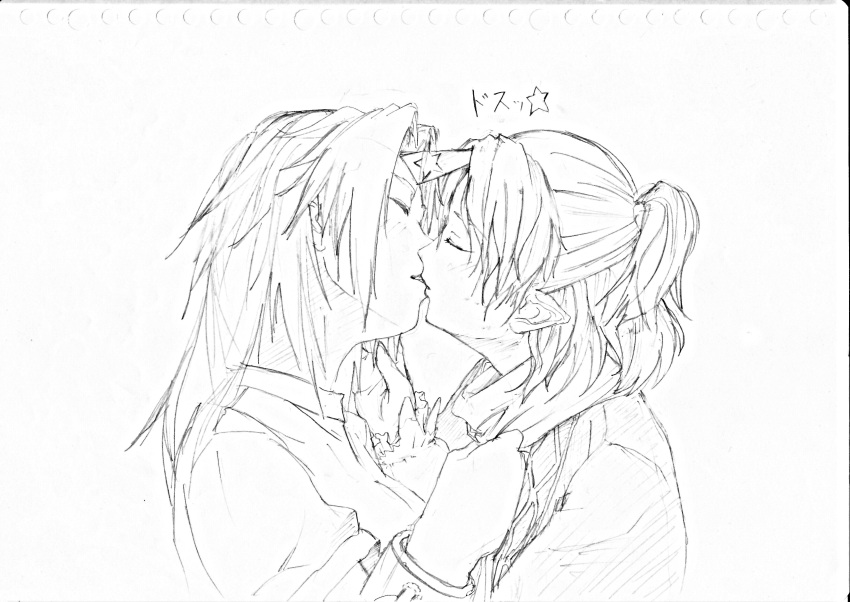 absurdres, abusrdres, bad_id, closed_eyes, eyes_closed, graphite_(medium), highres, horn, hoshiguma_yuugi, kiss, kuwabara-pteti, mizuhashi_parsee, monochrome, multiple_girls, pointy_ears, touhou, traditional_media, yuri