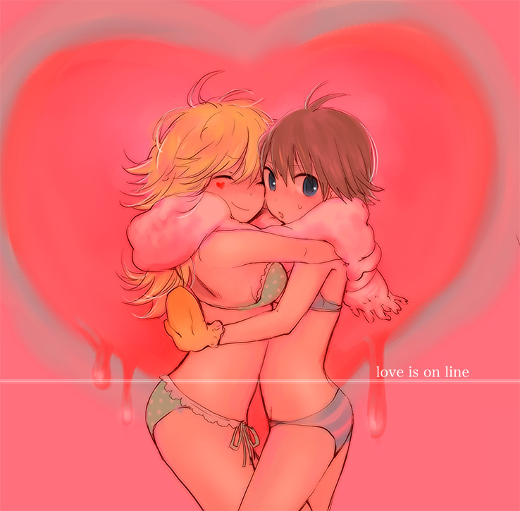 bikini, blonde_hair, blue_eyes, brown_hair, dual_persona, engrish, heart, hoshii_miki