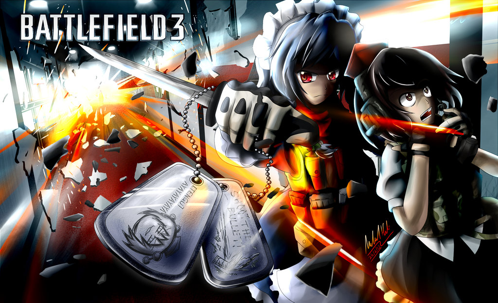 apron, battlefield_(series), battlefield_3, braid, brown_eyes, brown_hair, dog_tags, explosion