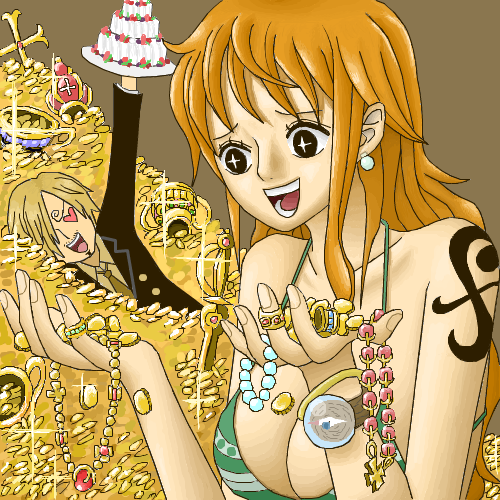 bikini_top, bracelet, breasts, cake, cleavage, coin, cross, cross_necklace, earrings, food, heart, heart_eyes, jewelry, kyo_(pixiv2376063), large_breasts, log_pose, long_hair, lowres, nami, necklace, one_piece, orange_hair, pearl, sanji, smile, tattoo, treasure