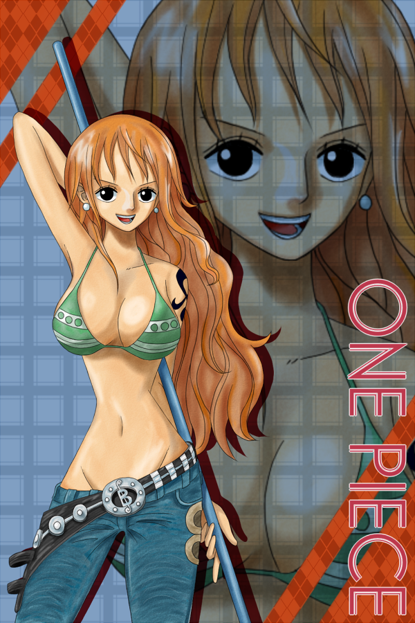 bikini_top, black_eyes, breasts, cleavage, clima-tact, earrings, jeans, jewelry, kyo_(pixiv2376063), large_breasts, long_hair, mound_of_venus, nami, official_style, one_piece, orange_hair, recurring_image, smile, tattoo, zoom_layer