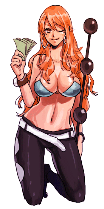 bikini, bikini_top, bracelet, breasts, cleavage, clima-tact, clima_tact, earrings, error, hoop_earrings, jewelry, joey_joey_joey, kneeling, large_breasts, log_pose, long_hair, midriff, money, nami, navel, one-piece_swimsuit, one_piece, orange_eyes, orange_hair, pants, shiny, shiny_skin, smile, solo, strap_gap, swimsuit, thigh_gap, thighs, wink