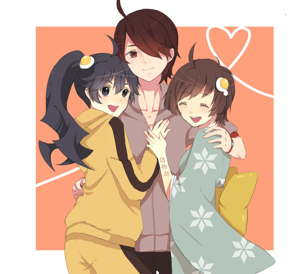2girls, araragi_karen, araragi_koyomi, araragi_tsukihi, black_eyes, black_hair, brother_and_sister, hair_over_one_eye