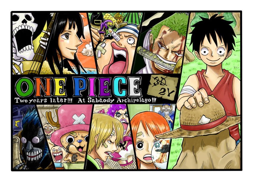 2girls, 6+boys, bandage, bandages, bandaid, beard, black_hair, blonde_hair, blood, blue_hair, bowl, brook, character_request, cigarette, cyborg, dracule_mihawk, eating, emporio_ivankov, facial_hair, fat, female, fishnets, food, franky, fruit, goggles, green_hair, grin, haredas, hat, helmet, heracles_(one_piece), indoors, injury, kiyu_(zuyu), lipstick, makeup, monkey_d_luffy, mouth_hold, multiple_boys, multiple_girls, nami, nico_robin, official_art, one_piece, orange_hair, outdoors, pink_hair, profile, reindeer, reindeerboy, roronoa_zoro, sanji, scar, scroll, skeleton, skull, smile, smoke, smoking, straw_hat, striped_hat, stroking_beard, sword, tattoo, text, tony_tony_chopper, top_hat, tree, usopp, vest, visible_breath, weapon, white_hair, wizard_hat