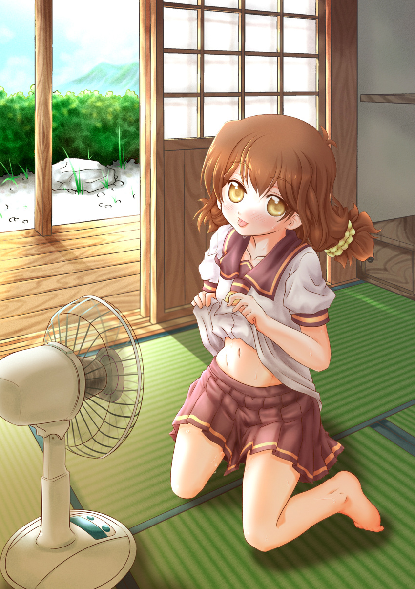 barefoot, brown_hair, electric_fan, highres, kanon_(kurogane_knights), kinoshita_kaori, school_uniform, serafuku