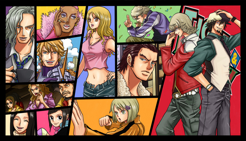 age_difference, agnes_joubert, antonio_lopez, barnaby_brooks_jr, beard, black_eyes, blonde_hair, blue_eyes, braid, brown_hair, building, cain_morris, character_request, cityscape, closed_eyes, cloud, clouds, earrings, everyone, eyes_closed, facial_hair, father_and_daughter, glasses, hair_ornament, hairpin, hand_in_pocket, hat, helmet, highres, huang_baoling, ivan_karelin, jacket, jewelry, kaburagi_kaede, kaburagi_t_kotetsu, kaburagi_tomoe, karina_lyle, keith_goodman, kiyu_(zuyu), lipstick, long_hair, makeup, mary_rose, midriff, mustache, nathan_seymour, necktie, oda_eiichiro_(style), profile, ring, short_hair, silver_hair, sky, skyhigh, skyscraper, smile, superhero, sweat, tiger_&amp;_bunny, wavy_hair, yellow_eyes, yuri_petrov
