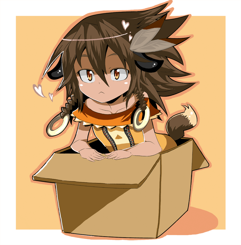 beast_king_(sekaiju), box, brown_hair, cardboard_box, heart, in_box, in_container, kuzu_kow, sekaiju_no_meikyuu, sekaiju_no_meikyuu_3, tail