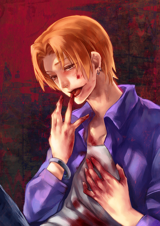 blood, bracelet, brown_eyes, fate/zero, fate_(series), finger_licking, jacket, jewelry