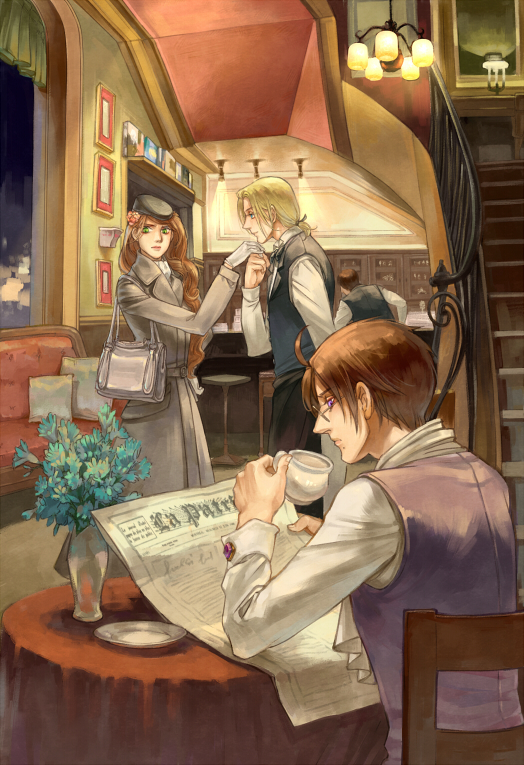 2boys, ahoge, austria_(hetalia), axis_powers_hetalia, bag, beret, blonde_hair, blue_eyes, coat, couch, cup, drinking, flower, france_(hetalia), glasses, gloves, green_eyes, hair_flower, hair_ornament, hand_kiss, hat, hungary_(hetalia), kiss, kurenai_suzu, lamp, long_hair, mole, multiple_boys, newspaper, pillow, plate, ponytail, purple_eyes, reading, stairs, table, trench_coat, vase, violet_eyes, waistcoat, wavy_hair