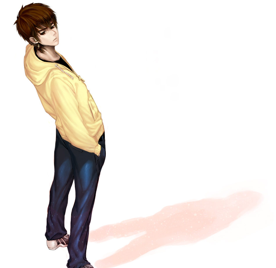 bad_id, brown_eyes, brown_hair, casual, cross_earrings, earrings, fate/zero, fate_(series)