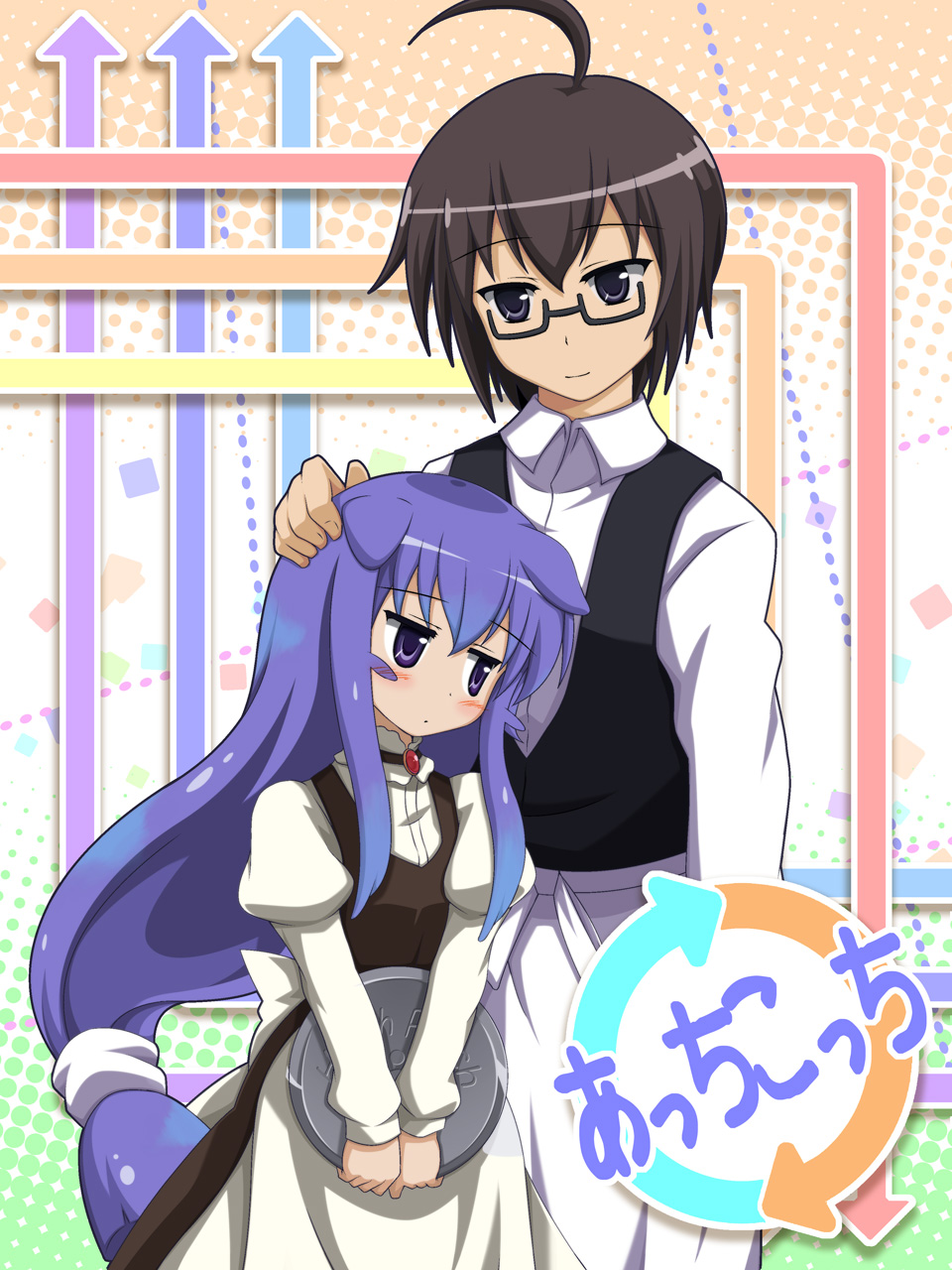 1girl, acchi_kocchi, ahoge, animal_ears, apron, black_eyes, black_hair, blue_eyes